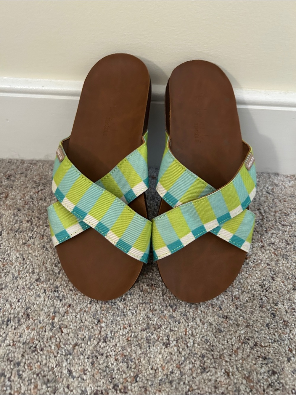Women’s Plaid Crisscross Slide Sandals - Brown Footbed, Green/Teal Straps
